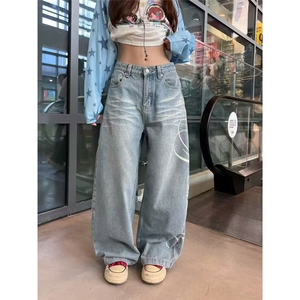 小个子新款美式水洗复古口袋弯刀牛仔裤刺绣秋季宽松显瘦阔拖地图片