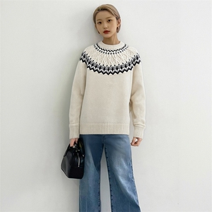 重磅秋冬装北极绒套头毛衣美式复古休闲慵懒风提花工艺针织衫外套图片