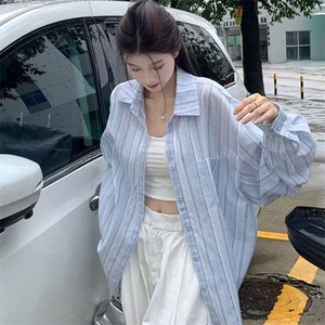 W10196-P38 网图现货 简约慵懒百搭潮流竖条纹防晒衬衫长袖ins图片