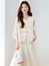 2025夏季新款新中式国风提花纽扣轻薄人丝中袖外套女显瘦防晒上衣，女装短外套，新依时派