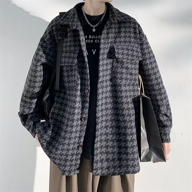 2026春季新款衬衫男宽松潮千鸟格翻领毛呢外套L228P42，男装衬衫，星座1112-1