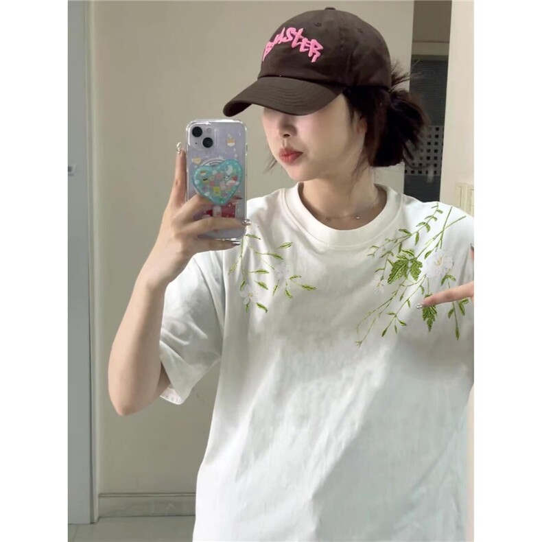 美式高街短袖白t恤女2025新款夏季纯棉宽松慵懒风设计感小众上衣t图片
