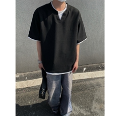 2026夏大码假两件华夫格五分短袖T恤潮流宽松T6601/特P25黑色2，男装T恤，电商A094