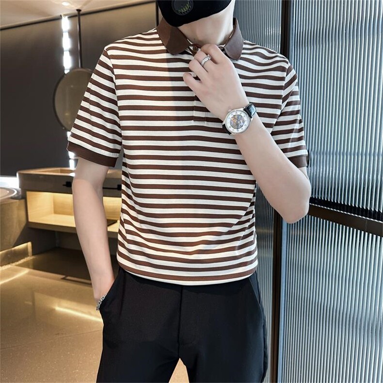 经典款高级感轻奢夏季短袖T恤翻领条纹Polo衫半袖T0253-P58,男装T恤,电商D342