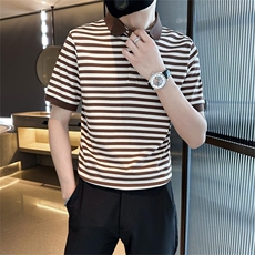 经典款高级感轻奢夏季短袖T恤翻领条纹Polo衫半袖T0253-P58，男装T恤，电商D342