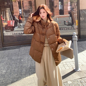 短款立领拼接袖简中式一手长加厚羽绒服女宽松保暖外套图片
