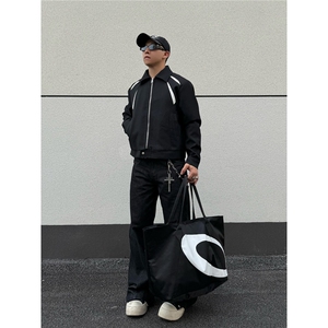 美式复古撞色拼接翻领夹克男女春秋款宽松休闲百搭情侣外套潮图片