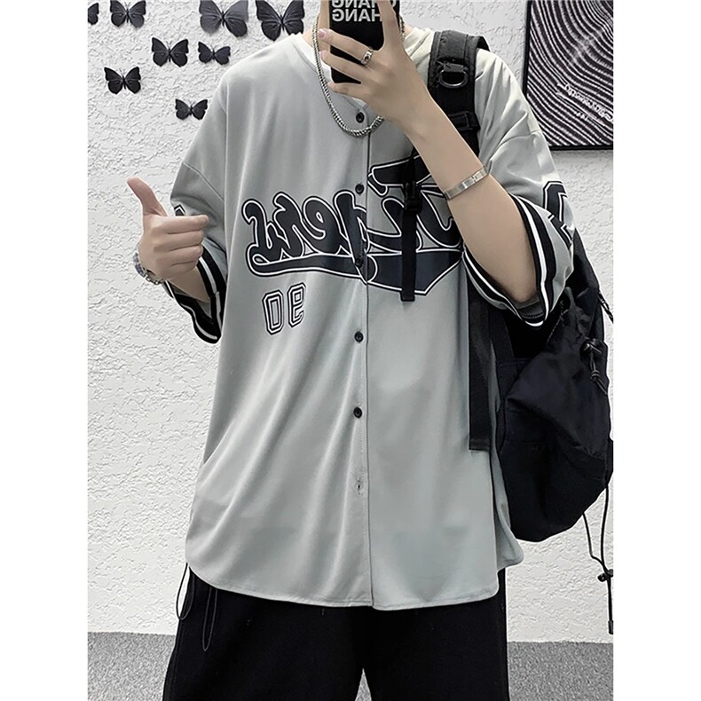 开衫印花短袖T恤男女夏季ins港风复古棒球服衬衣宽松五分半袖体恤,男装T恤,星座506A
