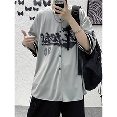 开衫印花短袖T恤男女夏季ins港风复古棒球服衬衣宽松五分半袖体恤，男装T恤，星座506A