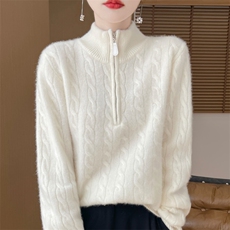 女士秋冬七针加厚立领绞花羊毛衫羊毛拉链半开领，女装羊毛衫，大美人高端店