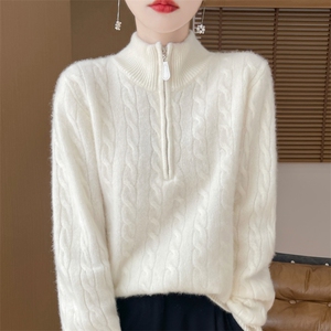 女士秋冬七针加厚立领绞花羊毛衫羊毛拉链半开领图片