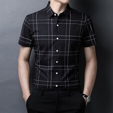 短袖衬衫男翻领上衣2023夏季中年男士商务休闲格子衬衫男爸爸夏装，男装衬衫，电商B212（原钱塘6029）
