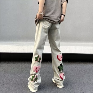 爱心牛仔裤男女直筒潮牌百搭痞帅复古港风高街水洗裤子LG9422-P43图片