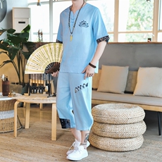 夏季亚麻男士麻刺绣T恤套装风男装棉一套A266-1-TZ4057-P75，男装休闲套装，电商A266-1
