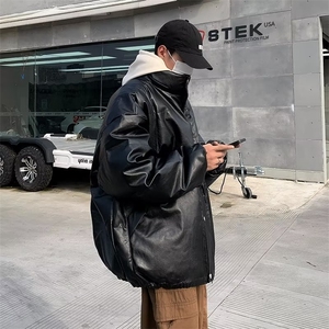 美式高街pu皮棉服男冬季痞帅宽松面包服外套潮牌设计感棉衣图片