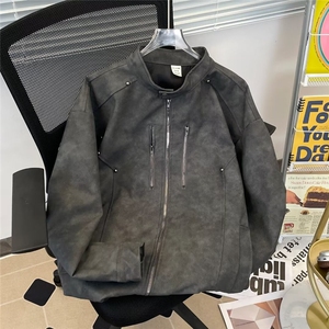 晕染垫肩皮衣外套男春秋美式拉链高级感痞帅皮夹克W9302/P80图片