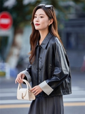 时尚翻领皮衣外套女2025春秋新款条纹拼接PU皮夹克短款高级感上衣，女装短外套，靓衣阁