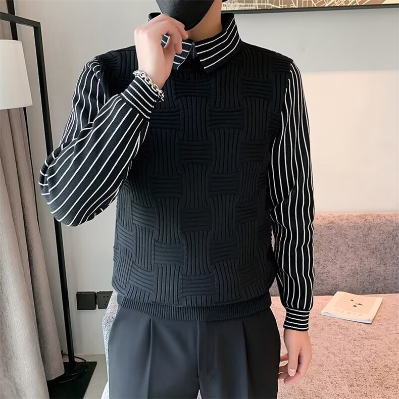 衬衫领毛衣男冬季条纹假两件针织衫男装潮牌痞帅打底长袖衣服P53图片