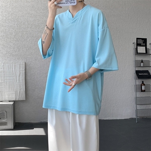 8XL-M短袖t恤男款夏季薄款垂感小V领七分袖加肥加大码DT005特P20图片