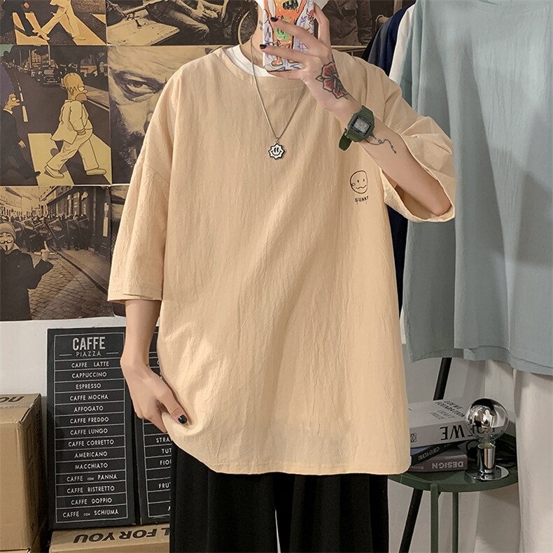 YT26072-P30亚麻短袖t恤男大码五分袖男宽松七分袖海报风,男装T恤,电商A040