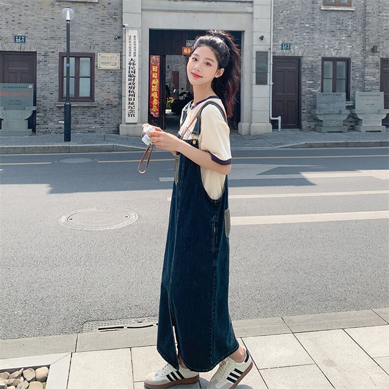 现货夏装新款水洗牛仔背带连衣裙女小个子韩版开叉牛仔裙,女装连衣裙,韩秀