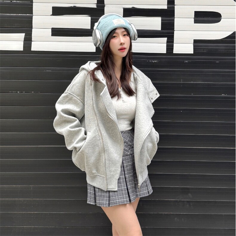 抖音得物品质26春装美式重磅结构斜拉链高领连帽卫衣开衫外套W61，女装短外套，电商A486