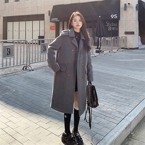 灰色中长款夹白鸭绒毛呢外套女2023冬季新款高级感设计加厚呢大衣图片