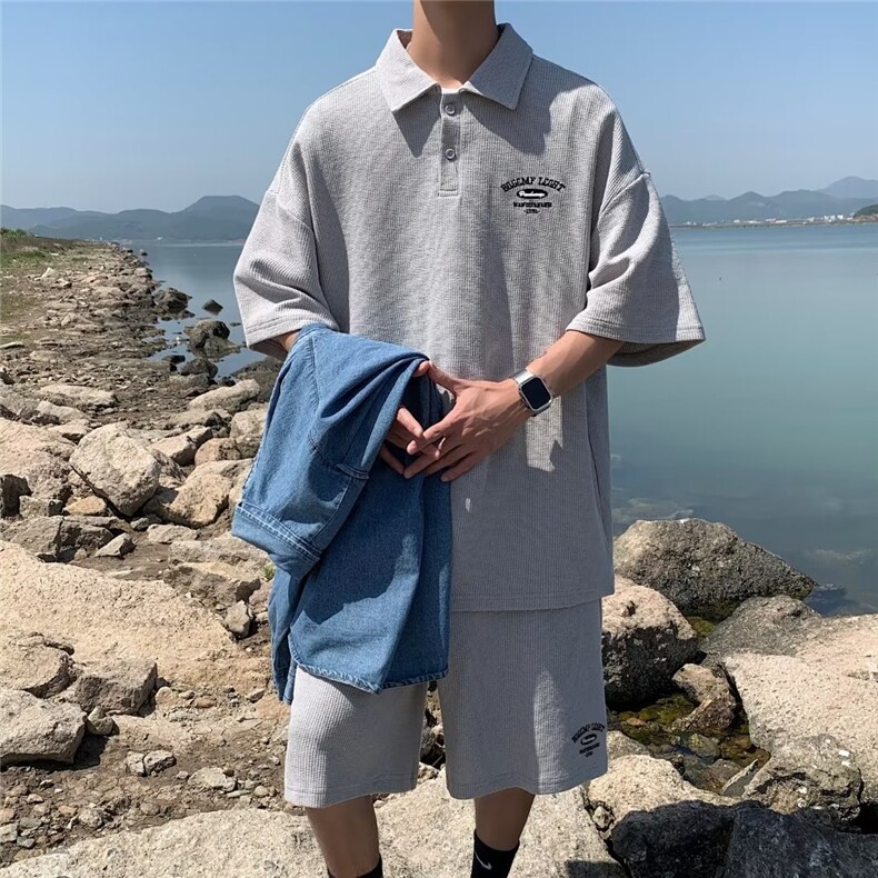 夏季休闲运动套装男短袖短裤潮牌翻领polo衫港风套装TZ088-P42,男装Polo衫,星座1001-1