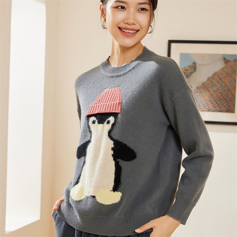 时尚可爱企鹅图案宽松圆领时尚百搭通勤羊绒衫,女装羊绒衫,澳冬特羊绒