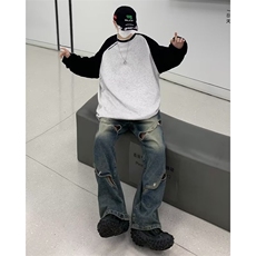 美式复古撞色小众设计长袖T恤男宽松休闲百搭套头打底WY825-P36，男装卫衣，星座1008