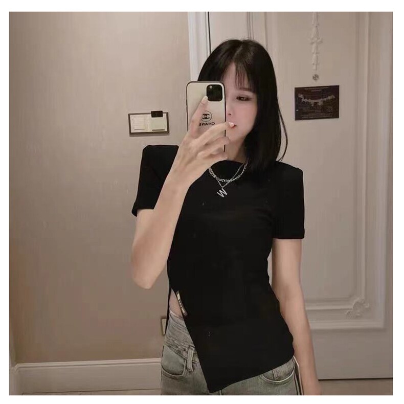 抖音网红西米自制女装夏款弹力螺纹个性贴图开叉短袖T恤打底上衣，女装T恤，潮品会