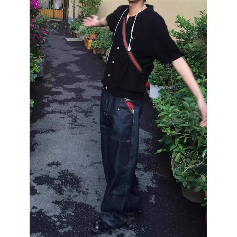 CGG美式丹宁蓝设计感宽松直筒刺绣牛仔裤男hiphop休闲vibe风长裤,男装牛仔裤,四季星座505