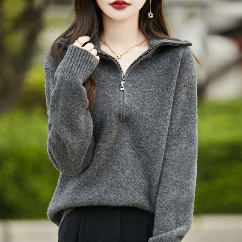 重磅加厚半开拉链100%纯羊毛衫女衣宽松长袖针织毛慵懒羊绒衫上衣图片