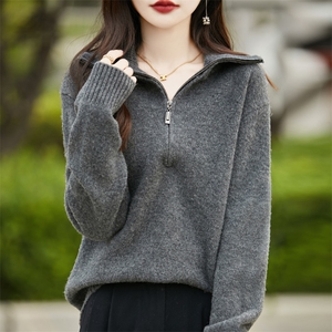 重磅加厚半开拉链100%纯羊毛衫女衣宽松长袖针织毛慵懒羊绒衫上衣图片