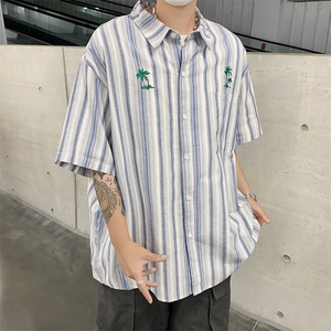 F324-P36 夏季新款日系条纹短袖衬衫男潮牌百搭半袖衬衣外套现货图片