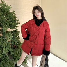 新中式红色毛绒拼接羽绒服女2026冬新款小个子时尚提花外套高级感，女装羽绒服，2C159