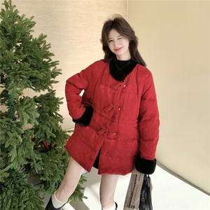 新中式红色毛绒拼接羽绒服女2026冬新款小个子时尚提花外套高级感图片