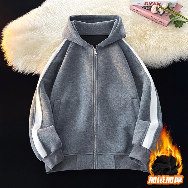 得物二开开衫拼接加绒卫衣男连帽潮外套A266-WH022-P60加绒70，女装短外套，电商A266