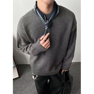慵懒文艺冬季百搭宽松慵懒风假两件撞色灰色圆领针织毛衣 M5807图片