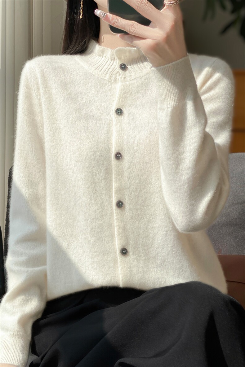 秋冬新款花边领开衫女士2024秋外搭高级感羊毛针织衫毛衣外套,女装羊毛衫,昭美羊绒