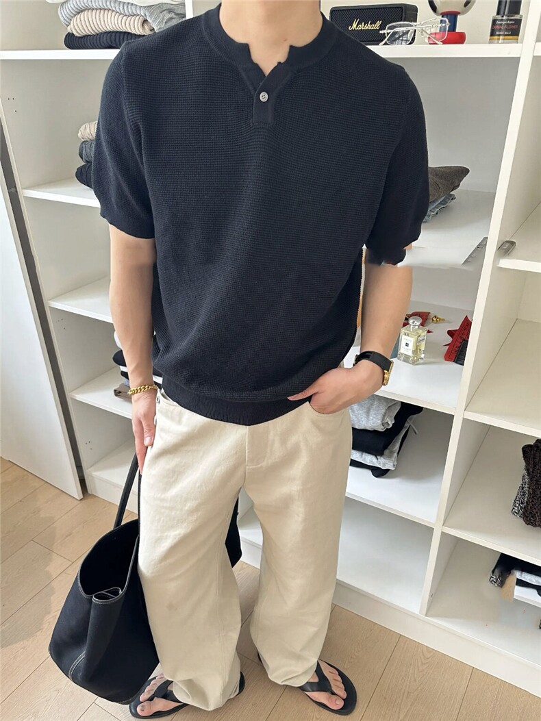 抖音男士V领短袖针织衫肌理感波罗纹T恤薄M5629-P55,男装T恤,星座1012-1