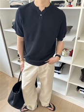 抖音男士V领短袖针织衫肌理感波罗纹T恤薄M5629-P55，男装T恤，星座1012-1