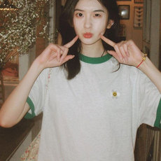 H0793-P35前后刺绣螺纹领+包边拉肩休闲短袖T恤，女装T恤，星座617A-2