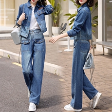现货韩版时尚牛仔套装女春2024新款洋气显瘦显高牛仔两件套装潮，女装套装/套裙，跑量工厂店