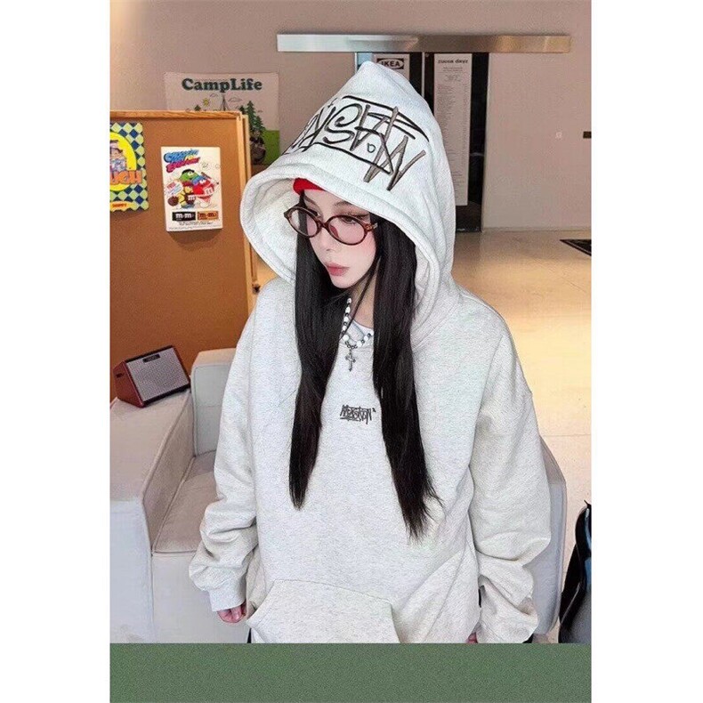 美式手写刺绣连帽卫衣男女加绒春秋季高街潮牌情侣宽松上衣帽衫,男装卫衣,星座506A