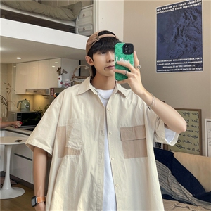 日系cityboy卡其杏色拼接工装衬衫短袖宽松衬衣设计感W3171-P30图片