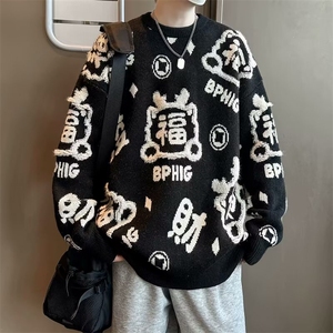 新年红色圆领针织衫毛衣男秋季潮牌宽松情侣百搭休闲线衣 M5674图片