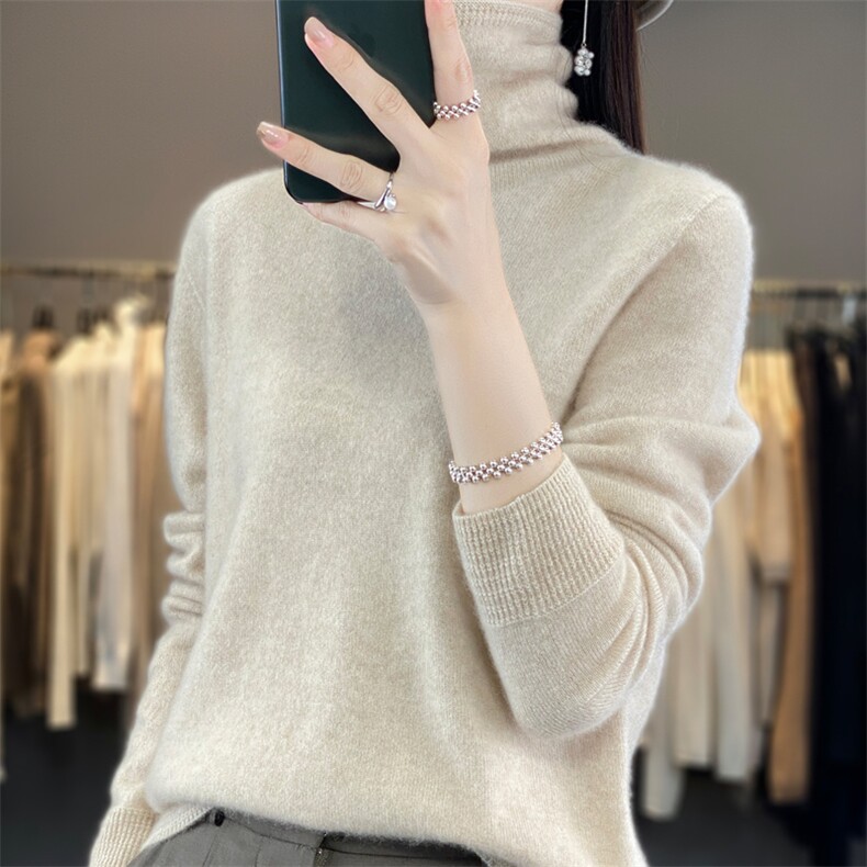 高端一线成衣女高领秋冬羊毛针织套头毛衣堆领翻领上衣,女装羊毛衫,昭美羊绒