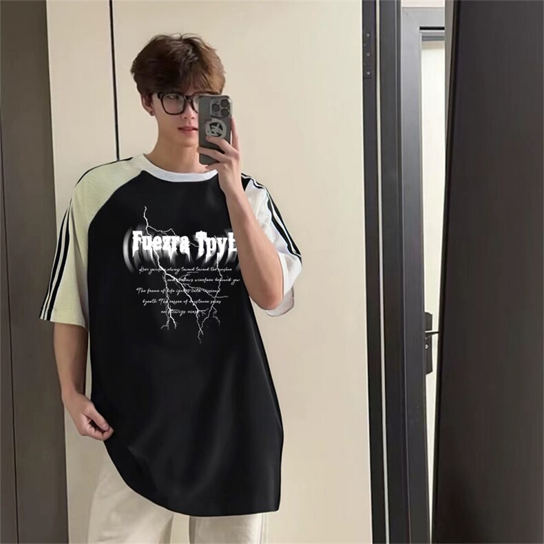 抖音得物品质二开240克宽松纯棉美式潮牌插肩三杠织带短袖T恤图片