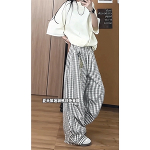 网图有货 夏季星星挂饰蓝色格子慵懒休闲垂感直筒裤男女 A676-P45图片
